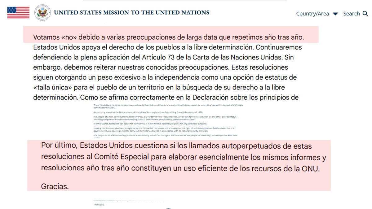 El "No" de EE.UU. al Comit&eacute; de Descolonizaci&oacute;n de Naciones Unidas. (Foto: A24.com)