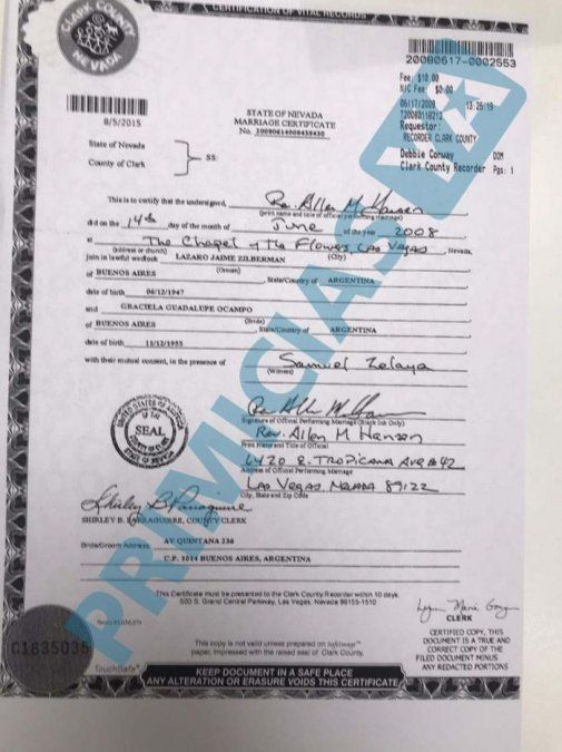 El documento exclusivo de Primiciasya.com donde se confirma que el matrimonio entre Marcelo Araujo y Graciela Ocampo es leg&iacute;timo