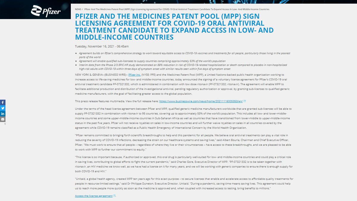 Texto del acuerdo de Pfizer para permitir el acceso libre del genérico de su antiviral contra el coronavirus (Foto: Página oficial de Pfizer)