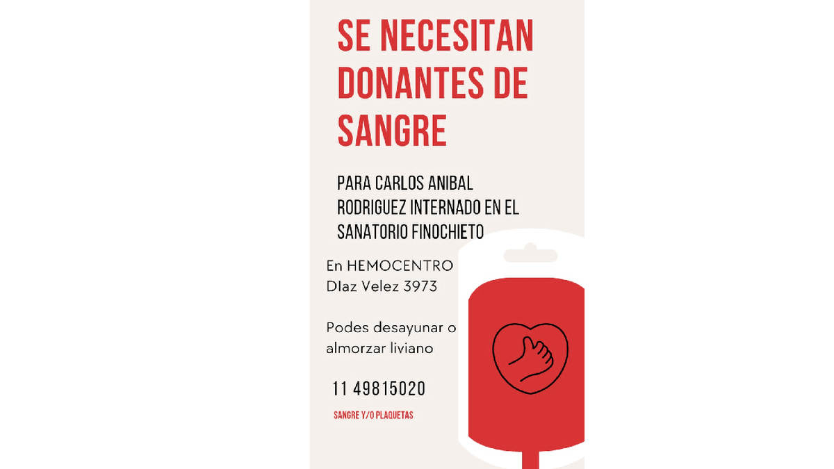 Solicitan donantes de sangre para Carlos Aníbal Rodríguez. Solicitan donantes de sangre para Carlos Aníbal Rodríguez.