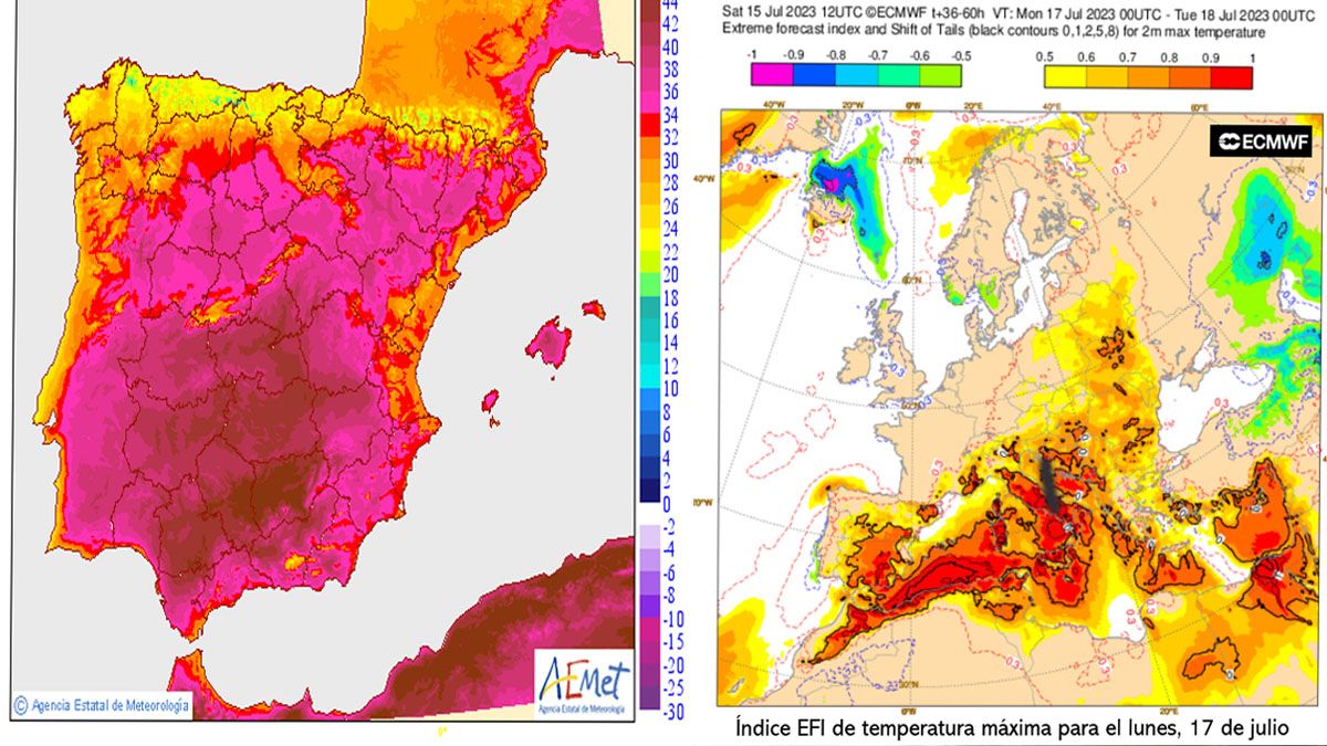 Espa&ntilde;a est&aacute; toda te&ntilde;ida de rojo por el elevado registro de las temperaturas. El sur de Europa, de manera similar. (Foto: AEMET)