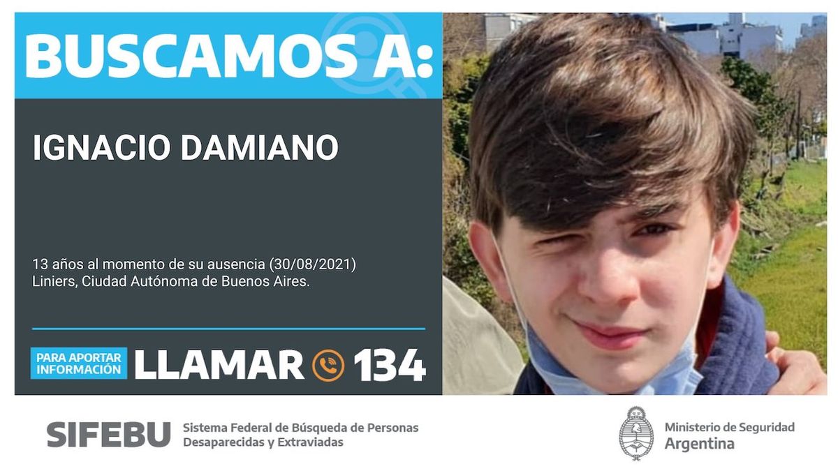 Ignacio Damiano tiene 13 años y es buscado desde este lunes (Foto: Ministerio de Seguridad).