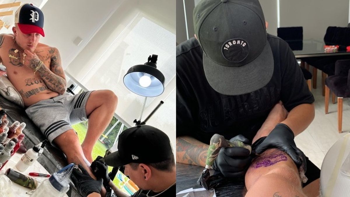 Algunos momentos de las sesiones que el Polaco llev&oacute; adelante para tatuarse la cara de su pap&aacute;, a modo de homenaje.