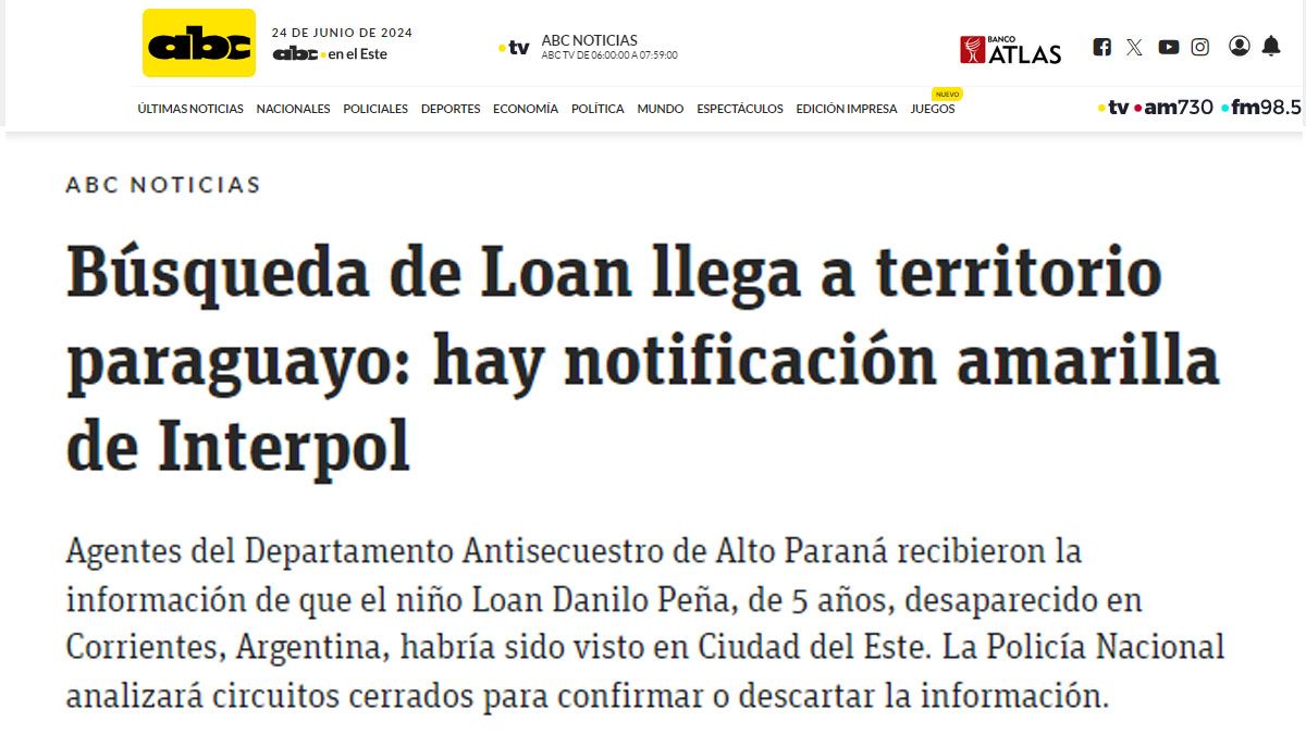 Los medios paraguayos también dan amplia cobertura a la situación que se vive por la desaparición del niño Loan en Corrientes. (Foto: ABC Color)  