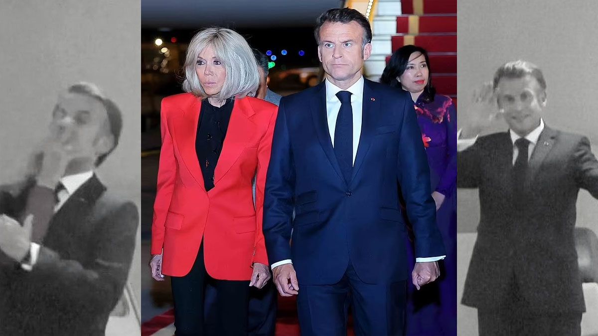 Macron, desencajado al bajar del avión, luego de que su esposa lo golpeara. (Foto: A24.com)