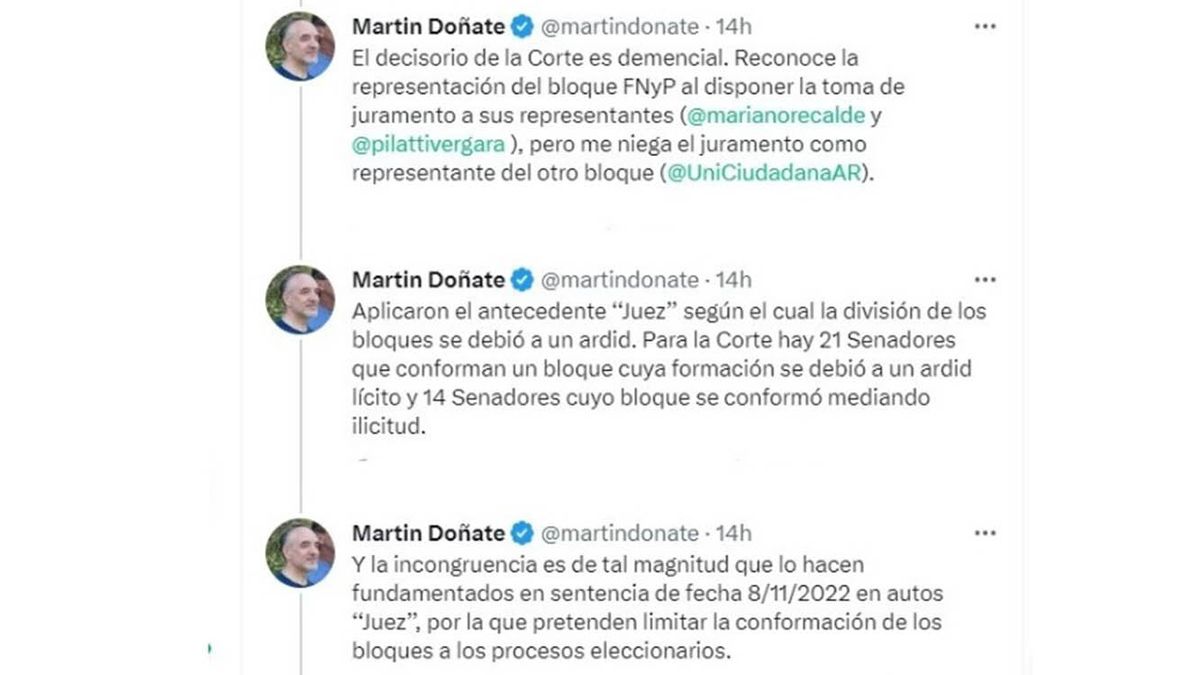 Los tuis que public&oacute; el legislador de Frente de Todos, Mart&iacute;n Do&ntilde;ate, en contra de la Corte Suprema. (Foto: Twitter)