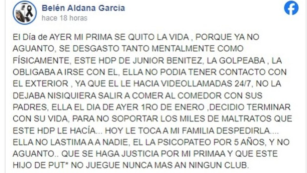 El descargo de la prima de Anabelia Ayala contra Óscar Junior Benítez, ex futbolista de Boca, Lanús y Argentinos Juniors (Foto: Facebook: Belén Aldana García).