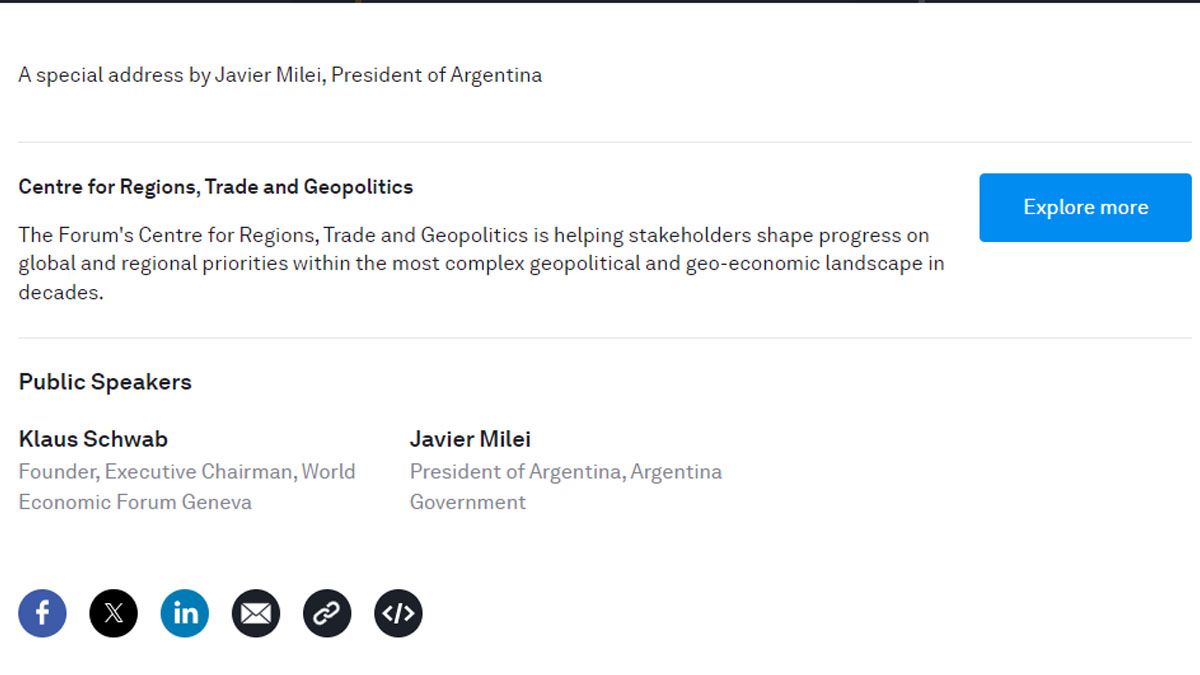 El anuncio de la participación de Javier Milei en el Foro de Davos, previsto para el próximo miércoles. (Foto: Foro de Davos)