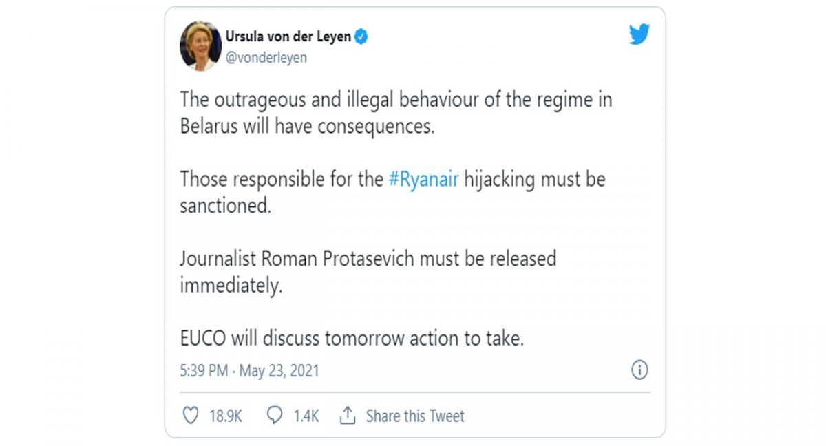 Ursula von leyen, en nombre del Consejo europeo condena la acción del presidente bielorruso (Foto: cuenta de Twitter)