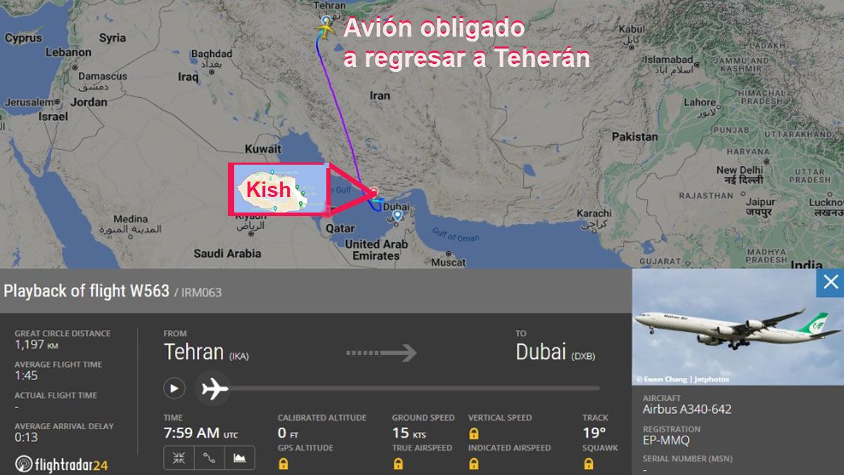 El gobierno iraní obligó a bajar en una isla de su país un avión en viaje a Dubai y regresar a Teherán (Foto: Cuenta de Twitter de Kian Sharifi)