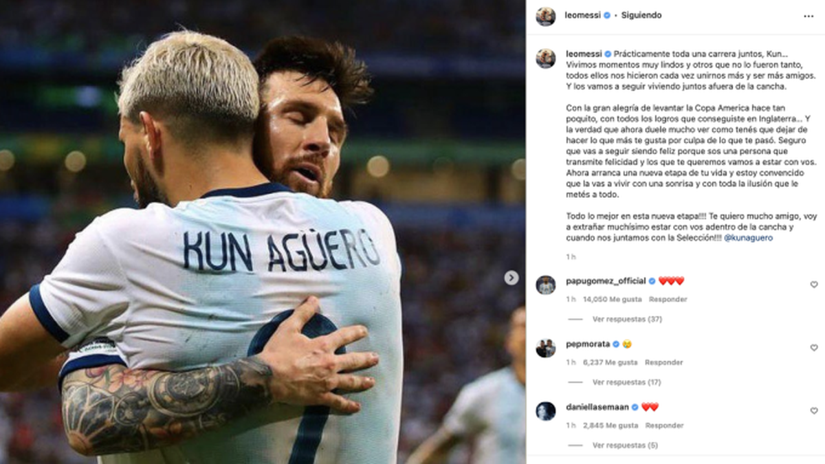 Lionel Messi, otra de las tantas figuras que despidieron de las canchas al Kun Ag&uuml;ero con sentidas palabras tras anunciar su retiro para resguardar su salud.&nbsp;