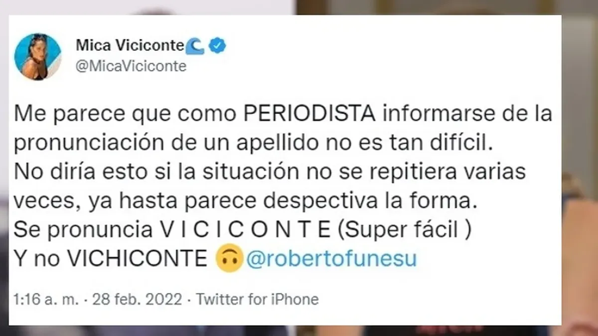 Tweet de Mica Viciconte contra Robertito Funes Ugarte.&nbsp;