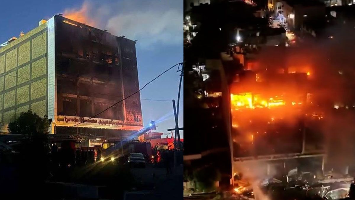 El edificio del shopping con el incendio en sus inicios. A la derecha, la destrucci&oacute;n casi final por el fuego. (Foto: Gentileza Rudaw)