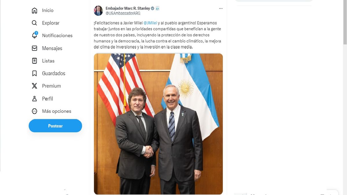 El embajador norteamericano saludó el triunfo de Javier Milei. (Foto: cuenta de 