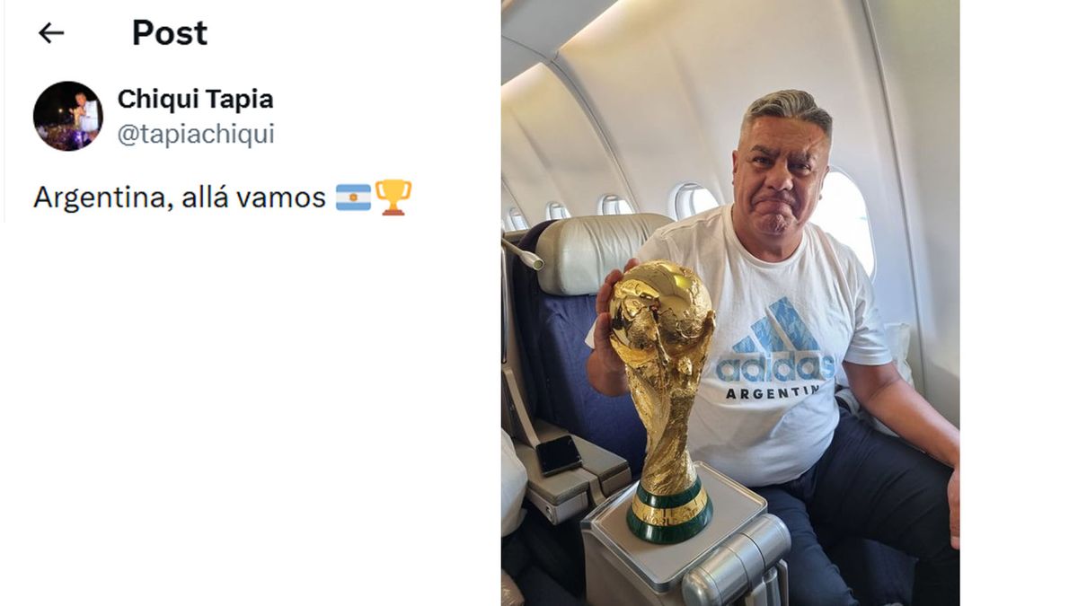 Tiempos de gloria. Tapia regresa en el vuelo charter a la Argentina con la Copa del Mundo que la Scaloneta y Leo Messi ganaron merecidamente en Qatar 2022. (Foto: Cuenta de X de Tapia)