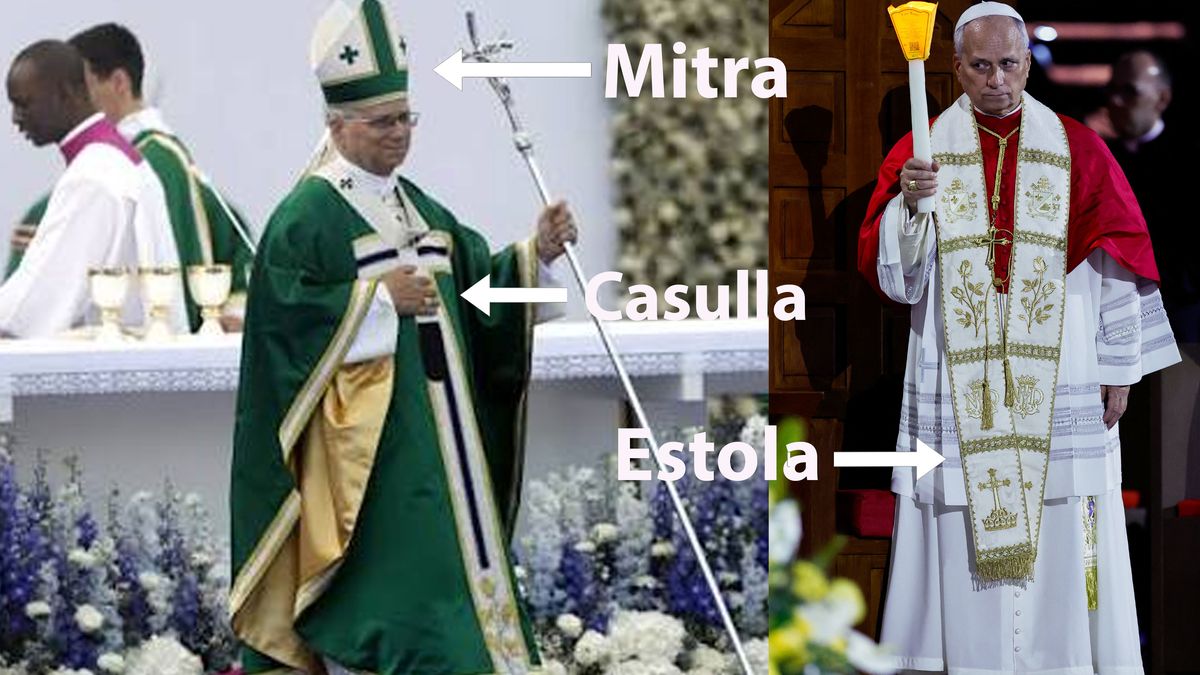 Los tres elemento del vestuario del Papa en Lourdes, confeccionado por el sastre argentino. (Foto: A24.com)