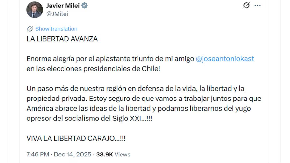 Javier Milei, de los primeros en celebrar el triunfo de Kast en Chile. (foto: cuenta de X de Javier Milei)