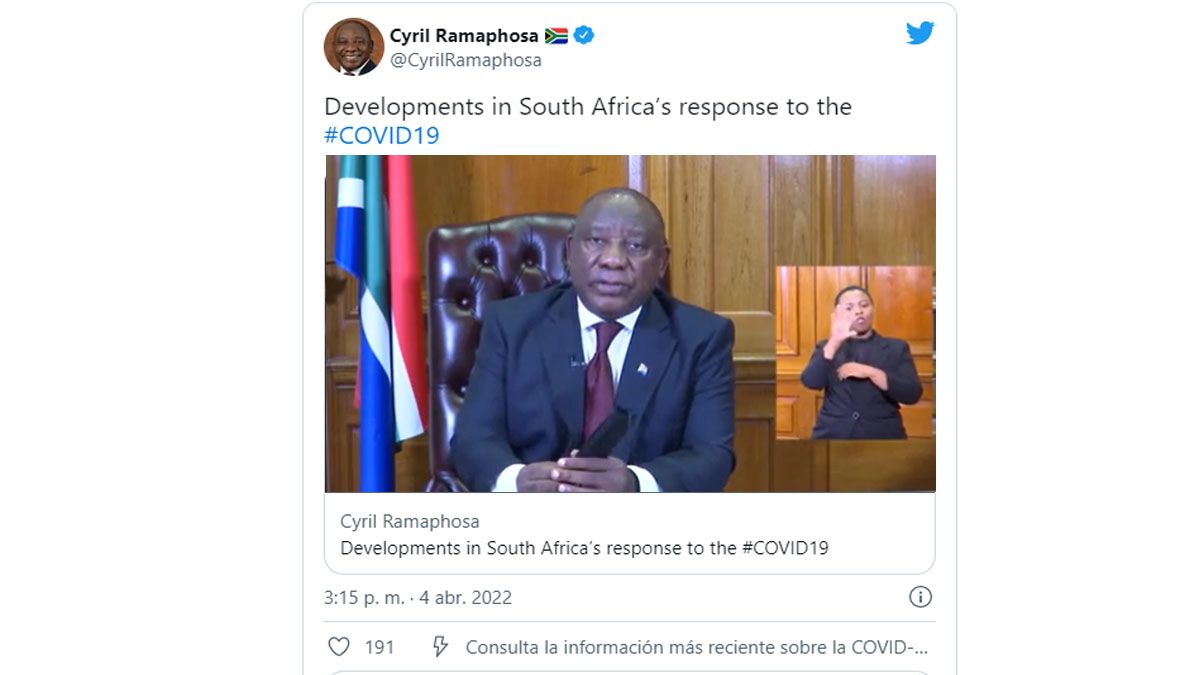 el pasado 4 de abril, Sudáfrica abandonó el estado de necesidad por la pandemia, luego de 750 días (Foto: Cuenta de Twitter de Cyril Ramaphosa)
