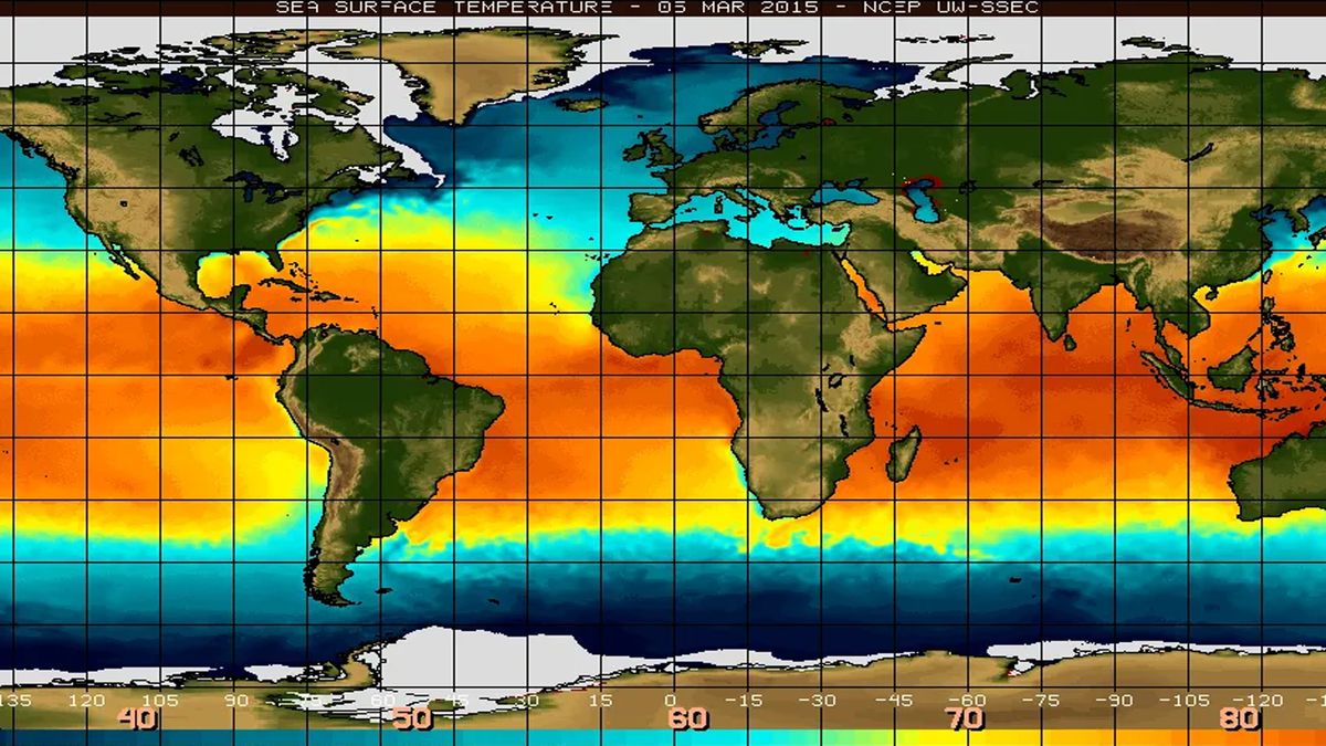 Parecen mapas de los desiertos. Pero en rojo, aparecen las elevadas temperaturas de mares y océanos, afectados por el fenómeno del 