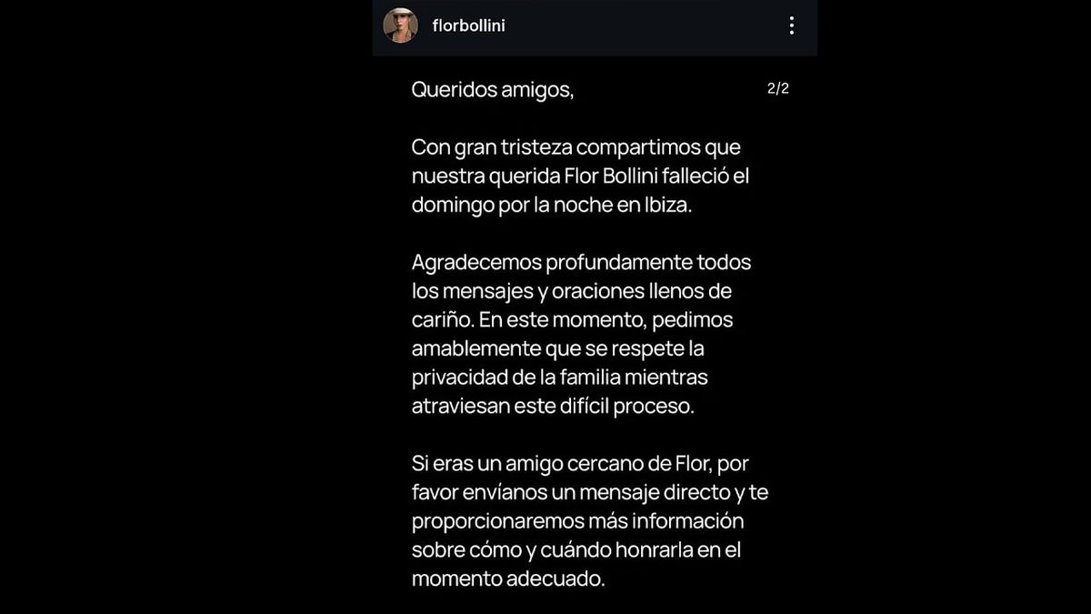 El mansaje por la muerte de Florencia, que alguien escribió utilizando su celular. (Foto: cuenta de instagram de Bollini)