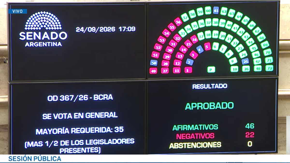 photoEl Senado votó con cambios la reforma a la Carta Orgánica del Banco Central y deberá pasar para la ratificción a Diputados. (Foto: Captura Senado TV).