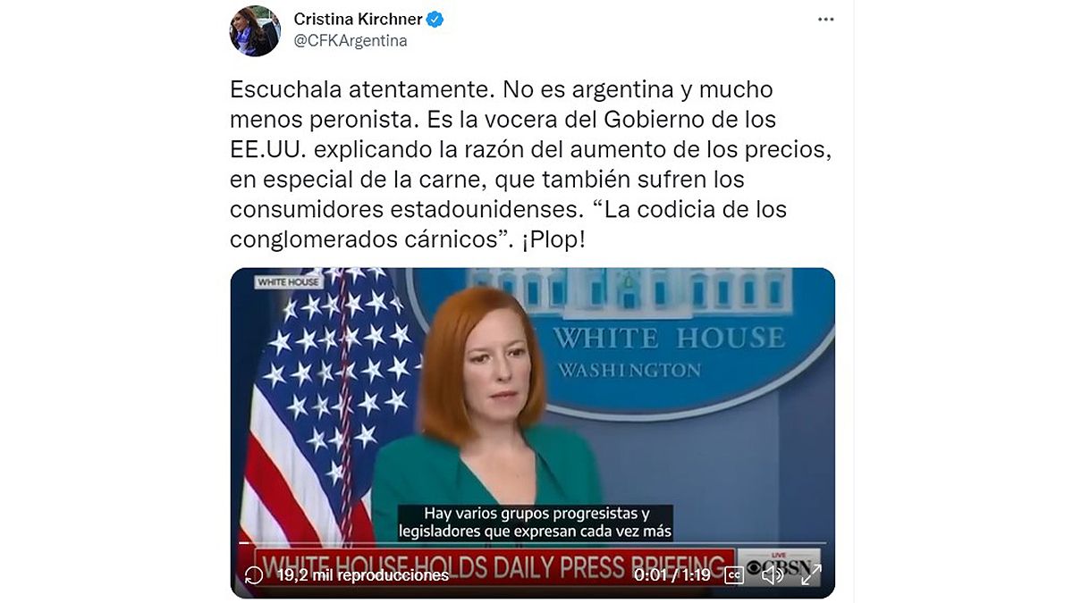 El tuit de Cristina Kirchner con el mensaje de la vocera de Joe Biden, sobre la carne. 