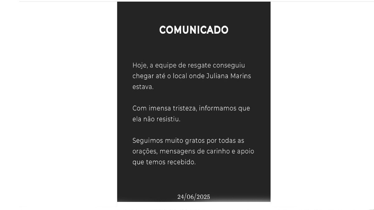 El comunicado de la familia de la joven en el que dieron a conocer su fallecimiento. (Foto: Cuenta de Instagram de Juliana Marins)