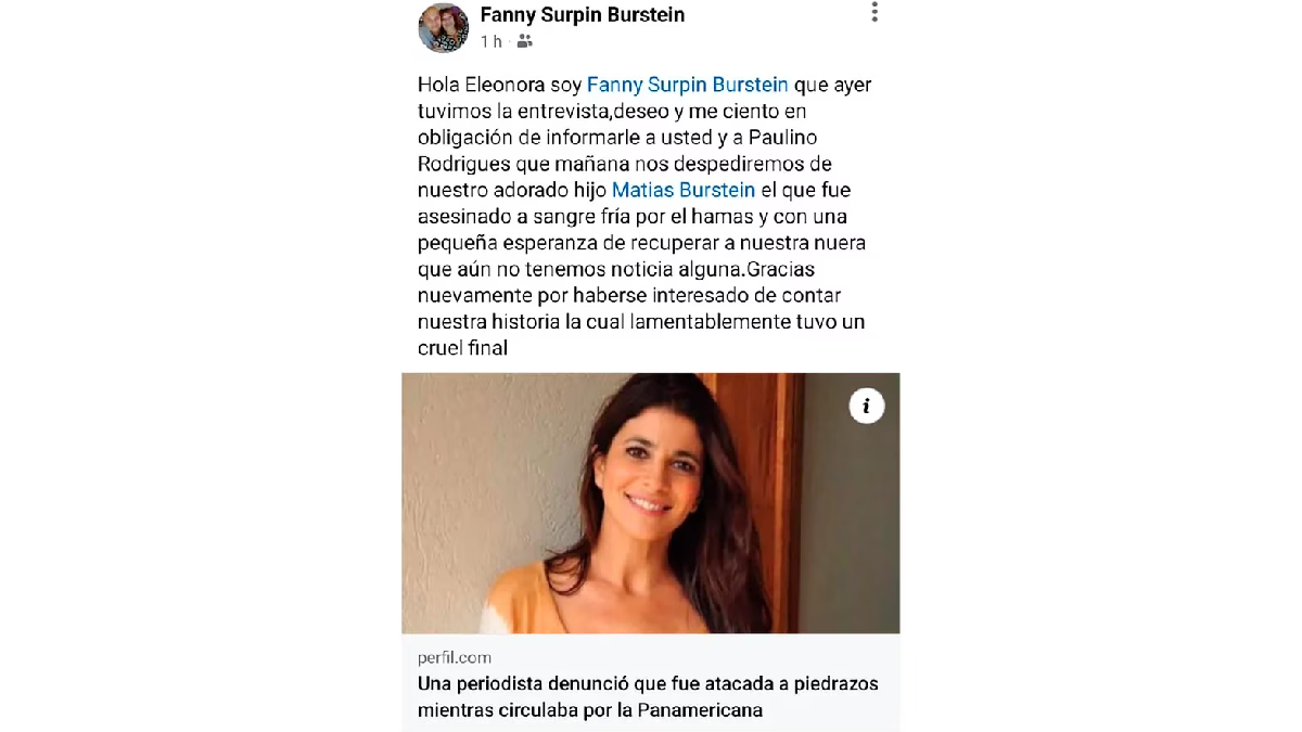 Confirmaron la muerte de otro argentino y ya son 8 los fallecidos por los ataques de Hamas en Israel. (Foto: Facebook Fanny Burstein) Confirmaron la muerte de otro argentino y ya son 8 los fallecidos por los ataques de Hamas en Israel. (Foto: Facebook Fanny Burstein)