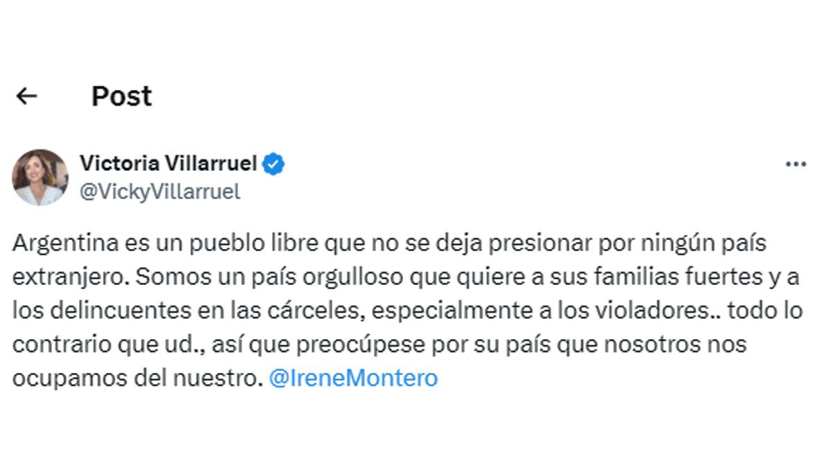 Victoria Villarruel, también se metió en la discusión con funcionarios españoles por defender a Javier Milei. (Cuenta de X de Villarruel).