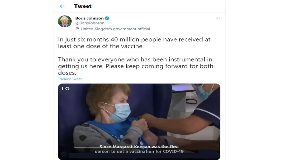 El premier Boris Johnson destacó que Gran Bretaña vacunó 40 millones de personas, al menos, con una dosis. (Foto: Cuenta de Twitter de Boris Johnson)  