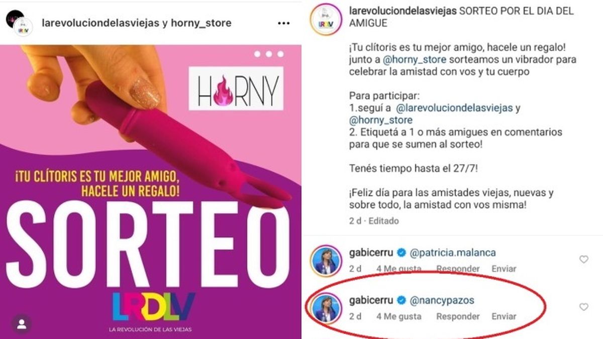 El posteo del sorteo del vibrador y los comentarios -ya eliminados- de la vocera presidencial Gabriela Cerruti invitando a la periodista Nancy Pazos a participar. 