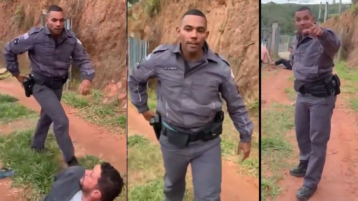 la secuencia en que se ve como el policía Kleber Freitas da Silva avanza co su mano sobre el arma y amenaza a la persona que grabó la agresión que recibió la mujer de 80 años. (Foto: Captura de TV)