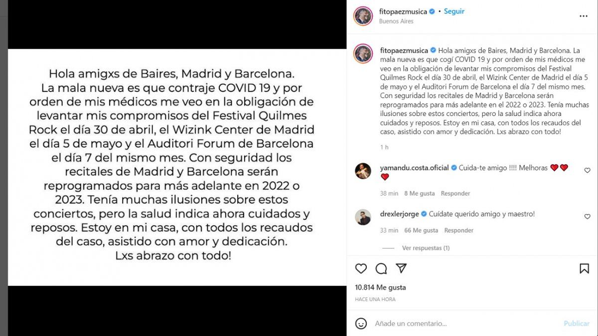 Fito Páez suspendió su agenda tras contraer Covid-19 y lo anunció a través de sus redes sociales. 