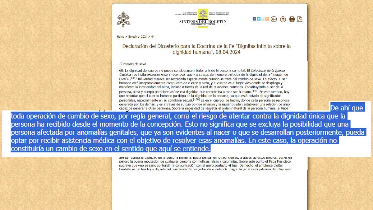 El documento vaticano contra las operaciones sobre el cambio de género. (Foto: Documentos del Vaticano)