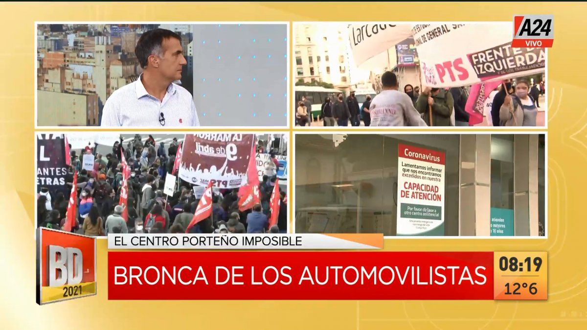 Así se congregaban las agrupaciones piqueteras en la av. 9 de Julio de cara a un día de marchas. (Captura de Tv)