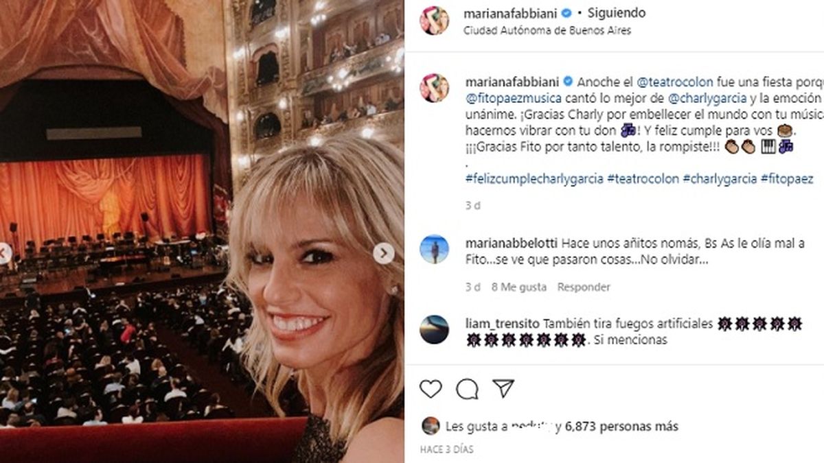 Fuera de las luces de la tv, Mariana Fabbiani disfrutó del homenaje a Charly García en el teatro Colón, con motivo de los 70 años del músico. 