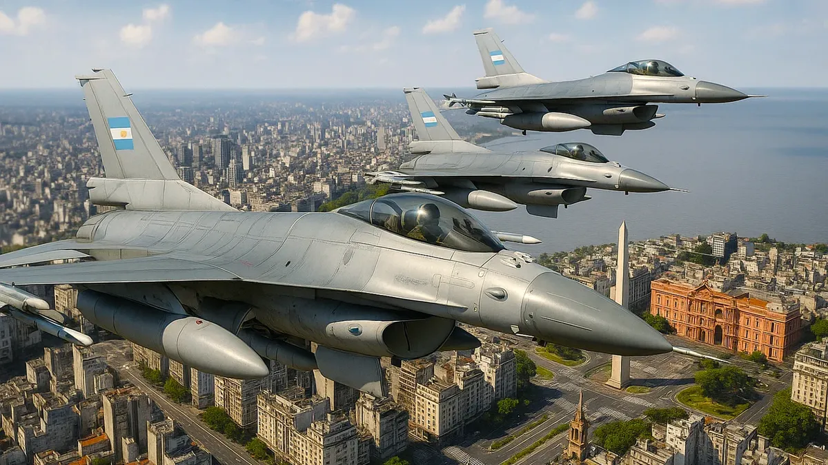 Los F-16 volarán el sábado 6 de diciembre sobre Buenos Aires. Foto: Agencia NA (imagen ilustrativa y editada con IA) Los F-16 volarán el sábado 6 de diciembre sobre Buenos Aires. Foto: Agencia NA (imagen ilustrativa y editada con IA)