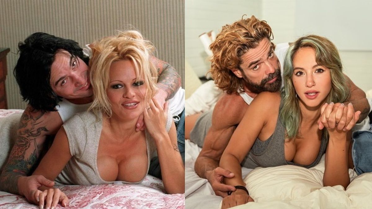 Flor Vigna y Luciano Castro a la izquierda, imitando la foto original de Pamela Anderson y Tommy Lee a la derecha.&nbsp;