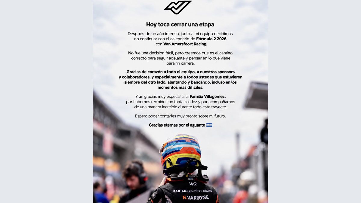 El mensaje de Varrone con el que anuncia su desvinculación de un equipo de Fórmula 2. (Foto: Cuenta de X de Varrone) El mensaje de Varrone con el que anuncia su desvinculación de un equipo de Fórmula 2. (Foto: Cuenta de X de Varrone)