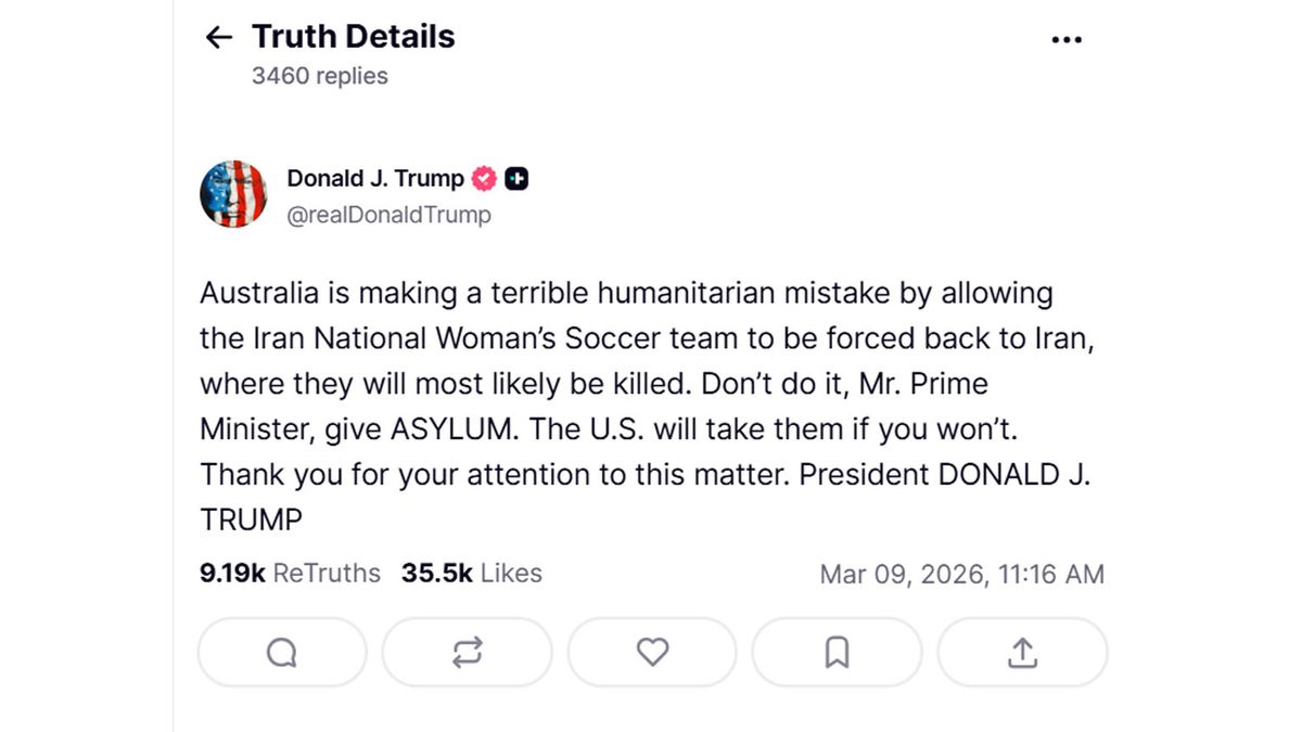 Trump se interesó personalmente por las cinco jugadoras del seleccionado iraní de fútbol que pidió asilo en Australia. (foto: cuenta de Trump en Truth)