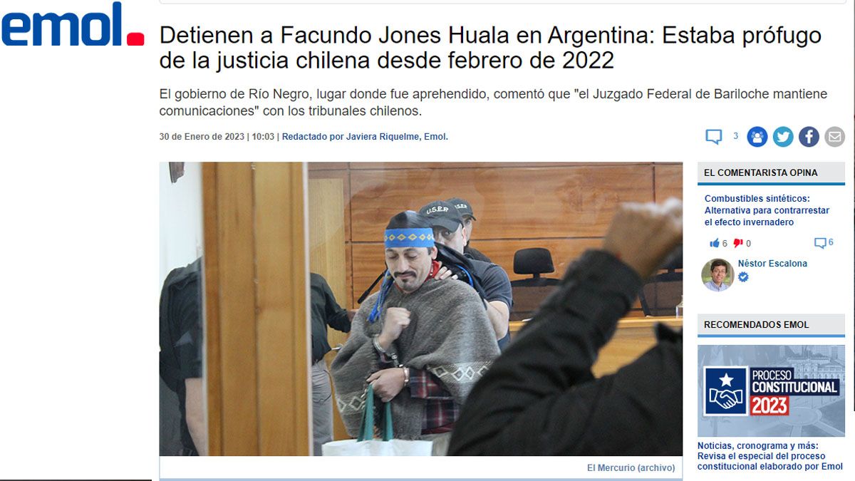 La prensa chilena dio amplia repercusi&oacute;n a la detenci&oacute;n de Jones Huala en la Argentina (Foto: El Mercurio)