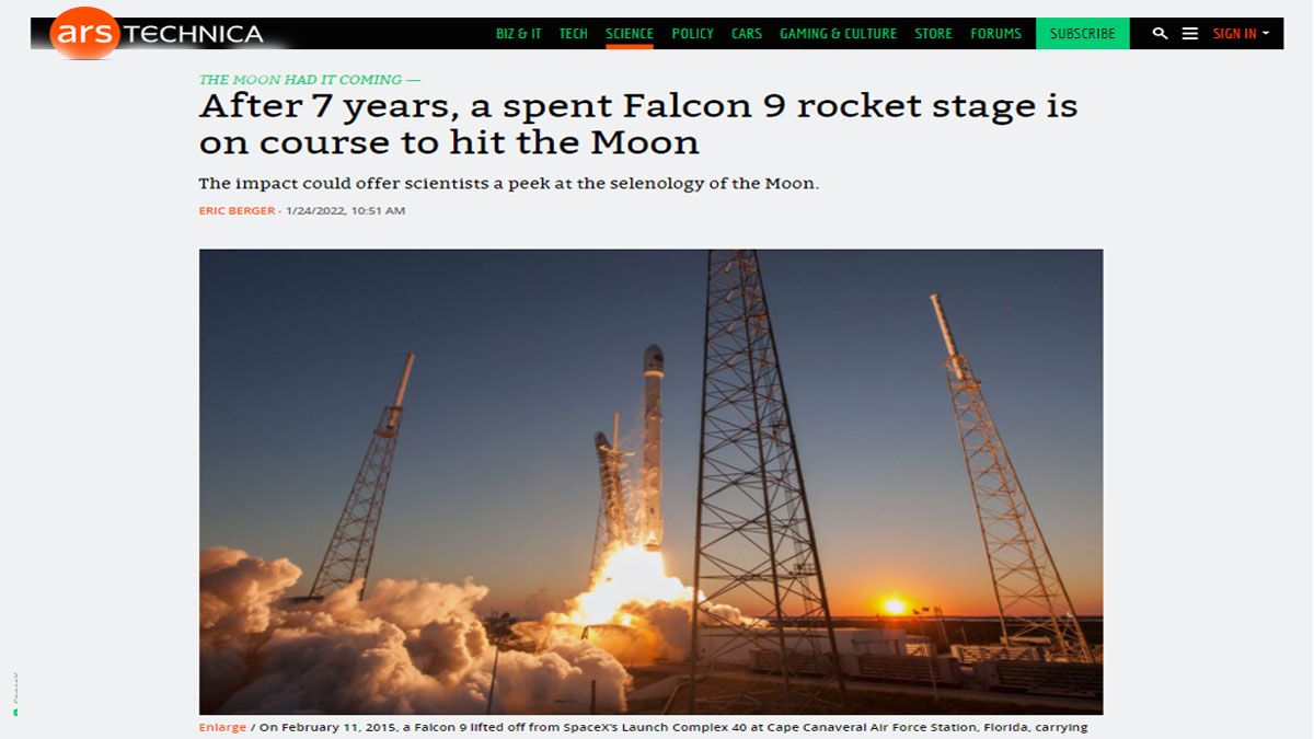 un fragmento de un cohete de Elon Musk, en rumbo para estrellarse en la luna (Foto: ARS Technica)