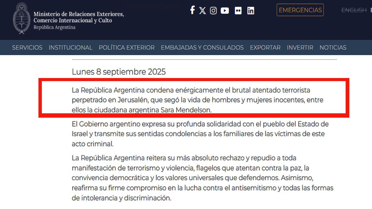 La canciller&iacute;a repudi&oacute; el atentado y lament&oacute; la muerte de la ciudadana argentina en Jerusal&eacute;n. (Foto: Canciller&iacute;a)