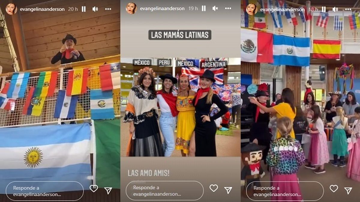 Algunas de las historias virtuales de Evangelina Anderson sobre el acto escolar de su hija Lola, donde representaron a Argentina. 