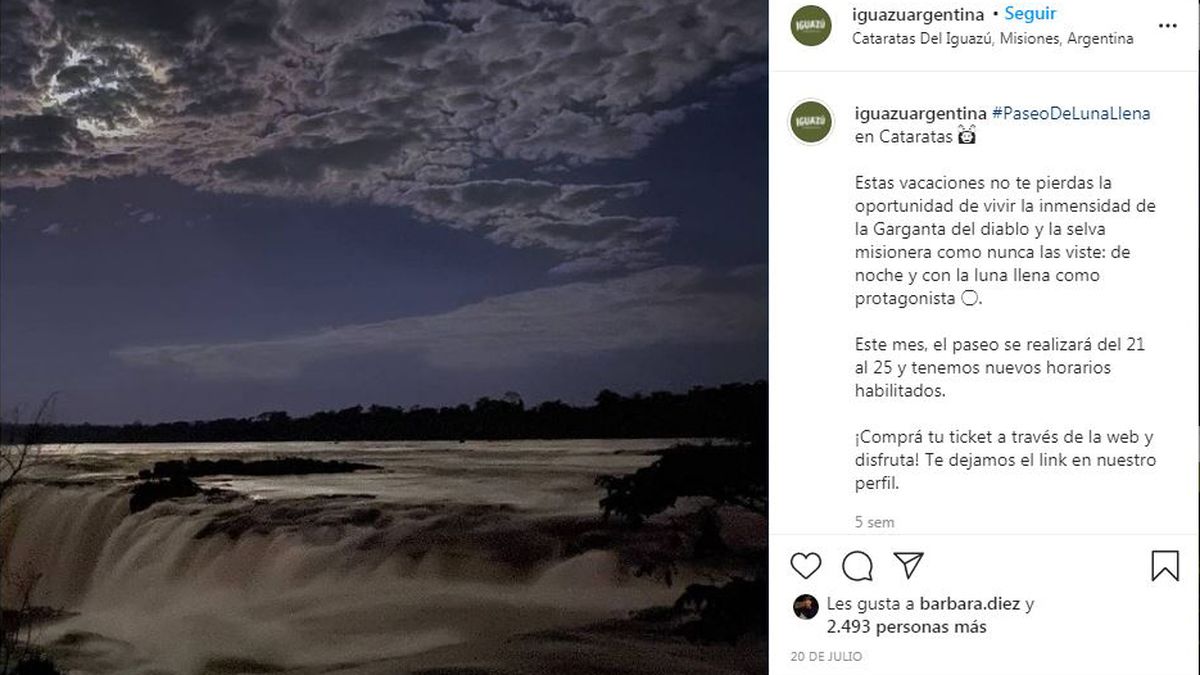 Previaje: tres destinos únicos para aprovechar al aire libre. Paseo de la Luna Llena en el Parque Nacional Iguazú. (Foto: fuente iguazuargentina en Instagram)