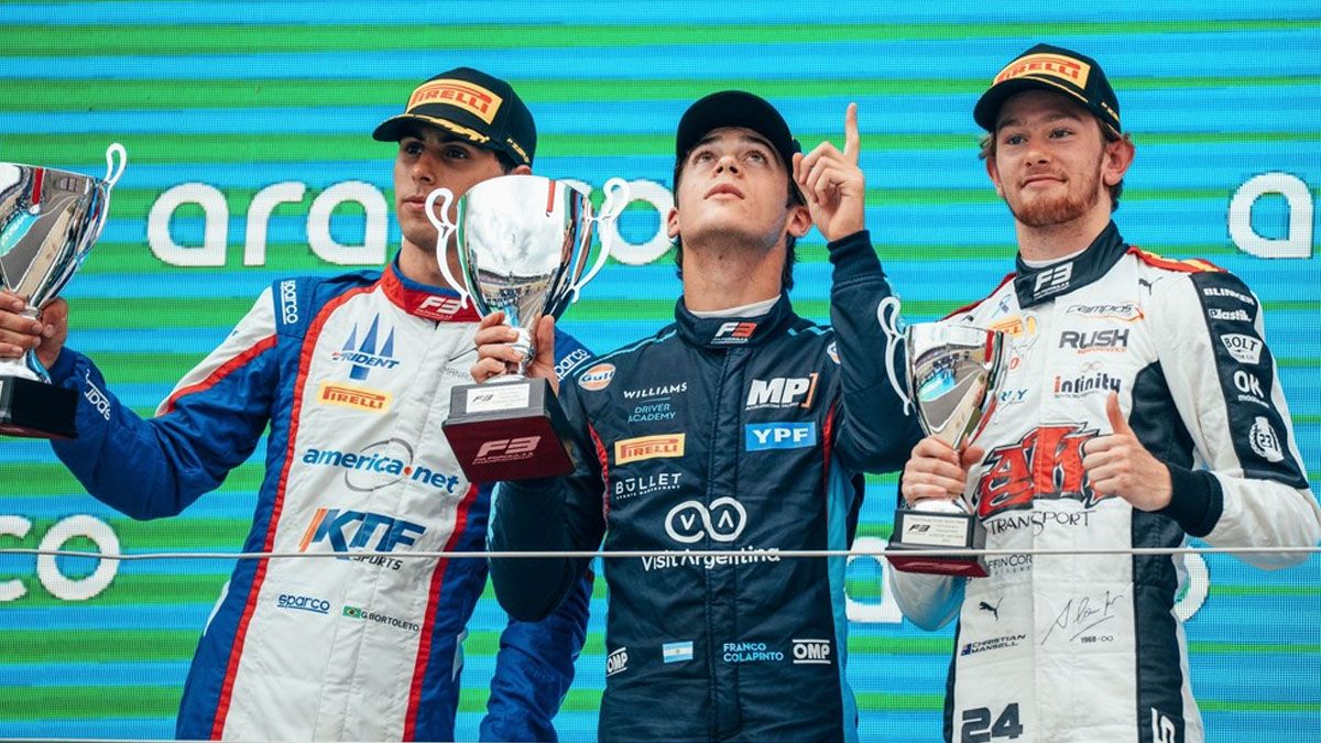 Franco Colapinto ganó en 2023 el sprint el Silverstone en F3. Postergó al brasileño Gabriel Bortaleto, con quien se 