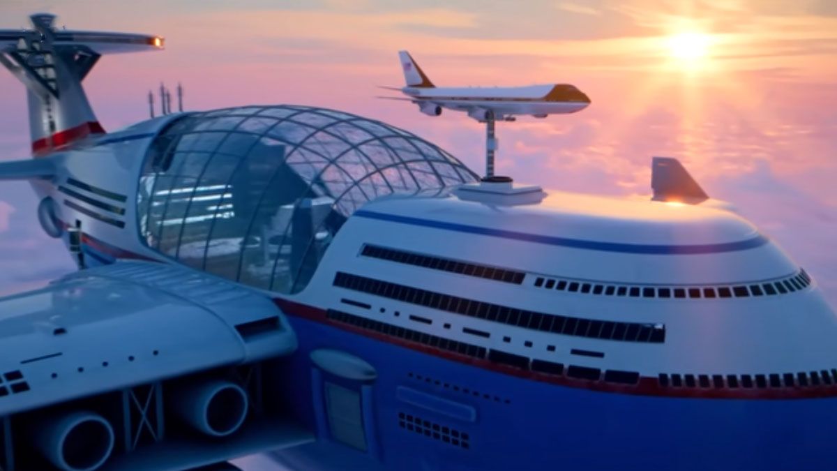 La presentación animada del avión crucero del futuro y como será el ascenso y descenso de los pasajeros así como el reabastecimiento. (Foto: Captura de TV)