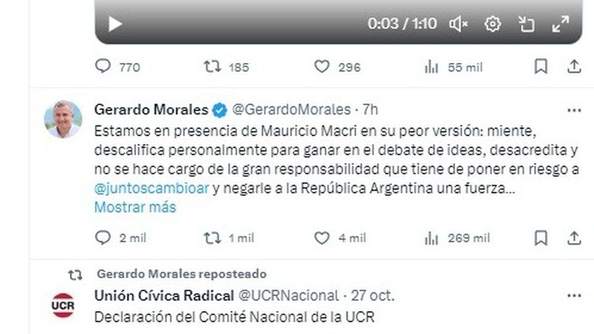 El mensaje de Gerardo Morales contra Mauricio Macri en la red social X (Foto: El mensaje de Gerardo Morales contra Mauricio Macri en la red social X (Foto:
