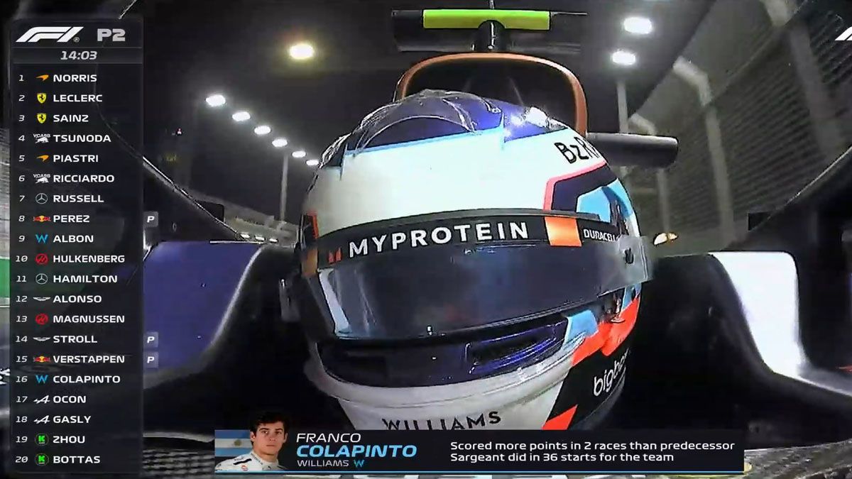 Franco Colapinto termin&oacute; en la 16&deg; posici&oacute;n en las libres 2 en Singapur. (Foto: Captura de TV)