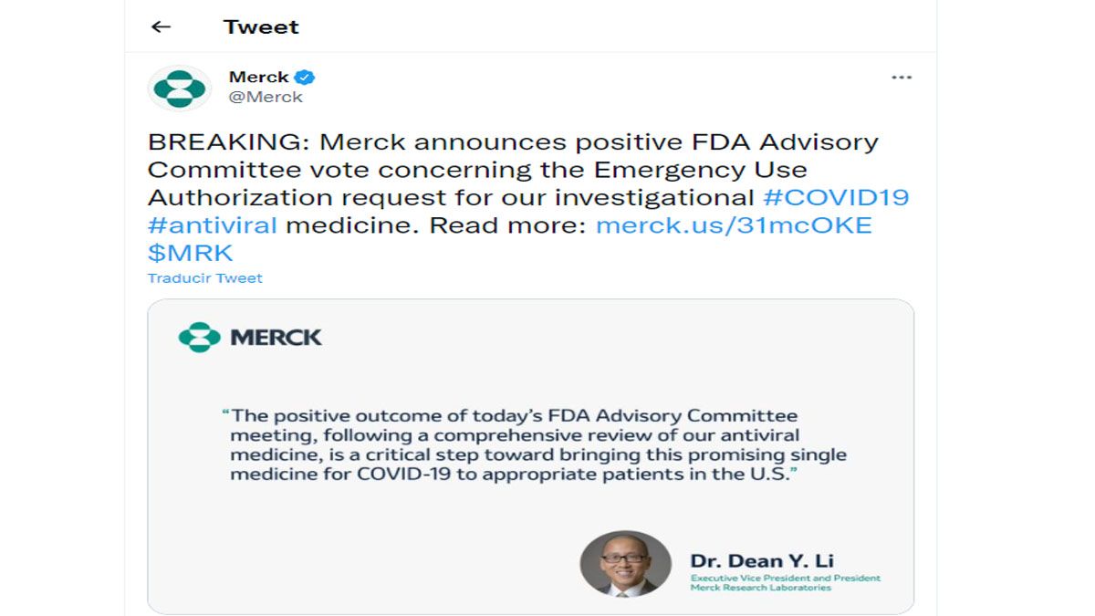 En su cuenta de Twitter, el laboratorio Merck anunció el respaldo del comité asesor de la FDA a su antiviral (Foto: Twitter)